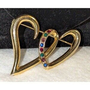 Double Heart Gold Tone MultiColored Rhinestones